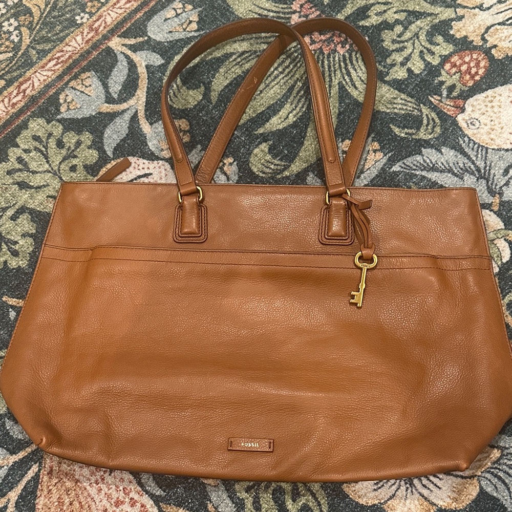 Fossil Tan Leather Tote with Key Charm